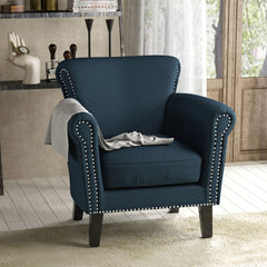 Elegant Fabric Club Chair With Nailhead Trim And Birch Wood Legs - Navy Blue