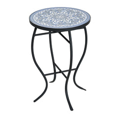 Outdoor Round Side Table With Mosaic Style Top And Curved Iron Legs