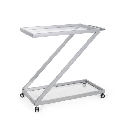 Modern Z Shaped Bar Cart With Tempered Glass Shelves - Silver
