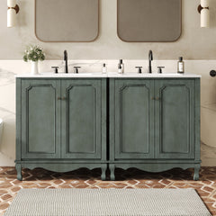 Double Sinks Bathroom Vanity Set, Vintage Bathroom Cabinet With 2 Separate Sinks - Antique Blue Green / Teal