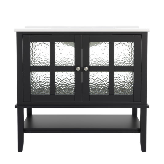 Bathroom Vanity With Ceramic Sink, Adjustable & Open Shelf