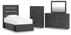 Hollivern - 4 Pc. - Twin Panel Storage Bed, Dresser, Mirror And Chest - Dark Gray