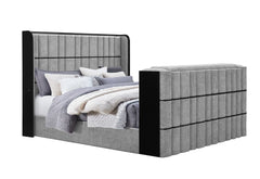 Isabella - King Upholstered Bed With LED, TV Lift, Bluetooth Speaker And Firpeplace Crystal - Gray