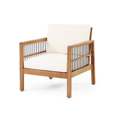 Club Chair With Slat Panel Design - Teak / Beige