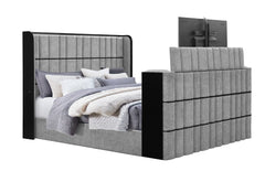 Isabella - King Upholstered Bed With LED, TV Lift, Bluetooth Speaker And Firpeplace Crystal - Gray