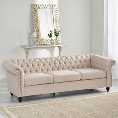 Chesterfield Style 3 Seater Sofa With Deep Button Tufting - Beige
