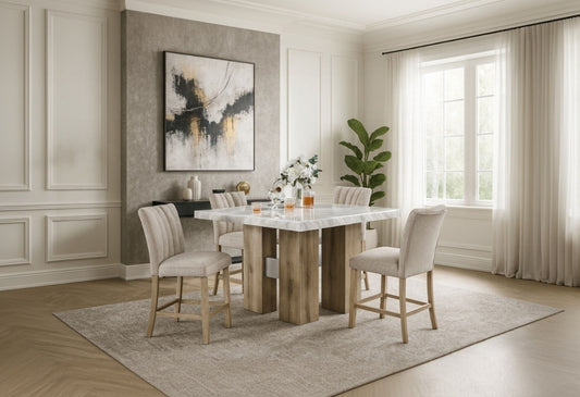 D04 - 7 Piece Dining Room Set (Bart Table And 6 Bar Stool) - Natural / Silver
