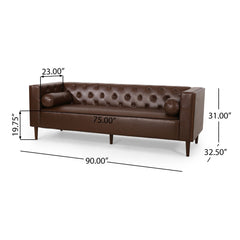 Contemporary 3 Seater Sofa With Tufted Diamond Stitch And Rolled Accent Pillows - Dark Brown