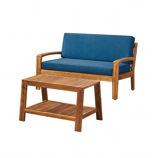 2 Piece Outdoor Conversation Set (Loveseat & Coffee Table With Water-Resistant Cushions) - Dark Blue / Teak