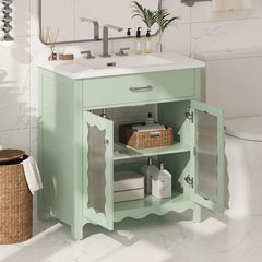 Bathroom Vanity With Glass Doors, Soft Close Hinges - Green