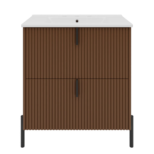 Fluted Bathroom Vanity With Ceramic Sink, Freestanding Design