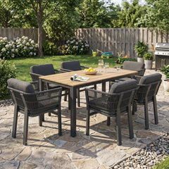 7 Piece Outdoor Dining Set & Table And 6 Chairs - Black / Gray / Teak