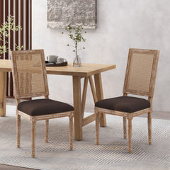 French Country Dining Chair With Rectangular Cane Backrest And Smooth Upholstered Seating