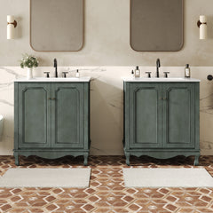Double Sinks Bathroom Vanity Set, Vintage Bathroom Cabinet With 2 Separate Sinks - Antique Blue Green / Teal