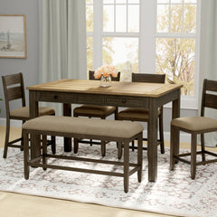 6 Piece Dining Set With Table, Chairs And Bench - Brown