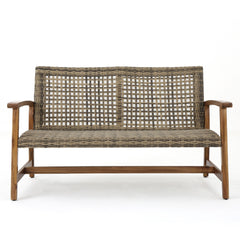 Outdoor Rattan Loveseat With Wooden Legs - Natural / Gray