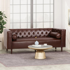 Contemporary 3 Seater Sofa With Tufted Diamond Stitch And Rolled Accent Pillows - Dark Brown