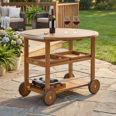 Outdoor Bar Cart With Foldable Tabletop & Removable Trays - Teak