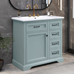 Bathroom Vanity With Ceramic Sink, Freestanding Design, 2 Tip Out Drawers, Soft Close Hinges - Gray