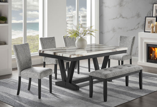 D1319 - 6 Piece Dining Room Set (Dining Table, 4 Dining Chair And Bench) - Black / Light Gray / White