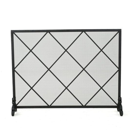 Minimalist Single Panel Iron Fireplace Screen With Diamond Design - Black