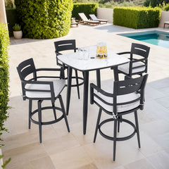 5 Pieces Outdoor Patio Bar Set, Rounded Square Sintered Stone Table & 4 Swivel Bar Chairs
