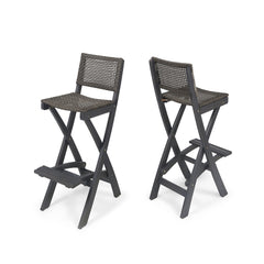Outdoor Folding Acacia Wood Barstools With Rattan Backrest And Seat, (Set of 2) - Dark Gray