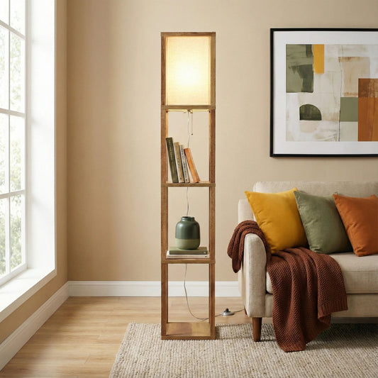 Pinnacle - Shelf Floor Lamp For Bedroom / Living Room, Long Shade - Natural Wood / White
