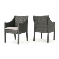 Outdoor Rattan Dining Chair With Straight Legs And Sloped Arms (Set of 2) - Gray / Silver