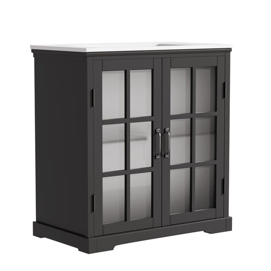 Modern Bathroom Vanity With Ceramic Sink, Tempered Blurred Glass Doors
