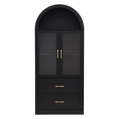 Arched Top Storage Cabinet With Fixed 2 Tier Shelves, 2 Large Drawers