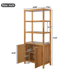 Tall Storage Bookcase Cabinet With 2 Open Shelves & Double Doors, Freestanding Shelving Unit - Natural