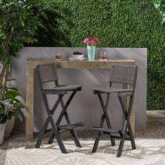 Outdoor Folding Acacia Wood Barstools With Rattan Backrest And Seat, (Set of 2) - Dark Gray
