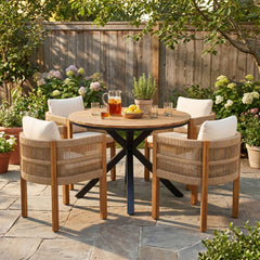 5 Piece Outdoor Dining Set With Round Table And 4 Wrapped Chairs - Black / Brown / Teak