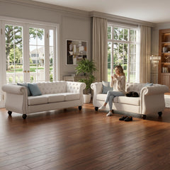 Chesterfield Button Tufted Loveseat With Rolled Arms - Ivory
