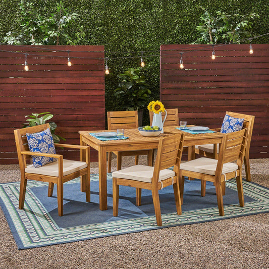 Outdoor 6 Seater Expandable Dining Set With Cushions - Sandblasted Natural / Beige