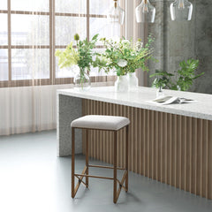 Backless Upholstered Counter Stool With Padded Seat - Ivory / Bronze