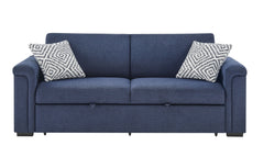 U0211 - Pull Out Sofa Bed With Wooden Bookcase Arm With LED Acrylic Shelves And Speakers - Navy