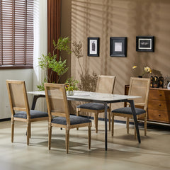 French Country Dining Chair With Rectangular Cane Backrest And Smooth Upholstered Seating