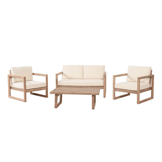 4 Pieces Acacia Wood Patio Furniture Set, Outdoor Furniture With Coffee Table, Patio Conversation Set Deep Seating With Soft Cushion, Porch Chairs For Backyard Porch Balcony - Brown Wash / Beige
