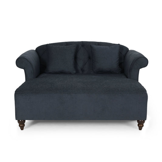 Upholstered Chaise Lounge & Scroll Arms, Turned Legs And 2 Pillows - Charcoal
