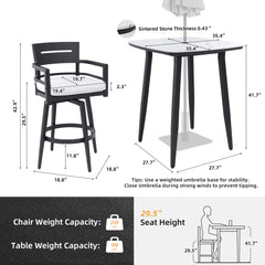 Modern Outdoor Patio Bar Set, Rounded Square Table & Bar Chairs, Non Rust Frame, Tapered Legs, Sunbrella Cushion