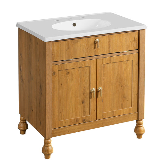 Bathroom Vanity With Seashell Resin Sink, Flip Up Storage, Soft Close Doors - Brown