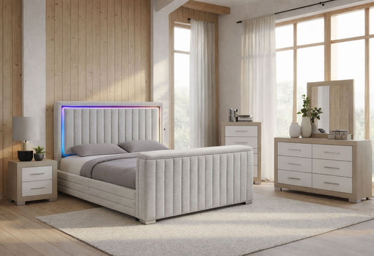 Elias - 5 Piece King Bedroom Set TV Footboard - Light Gray / Natural / White