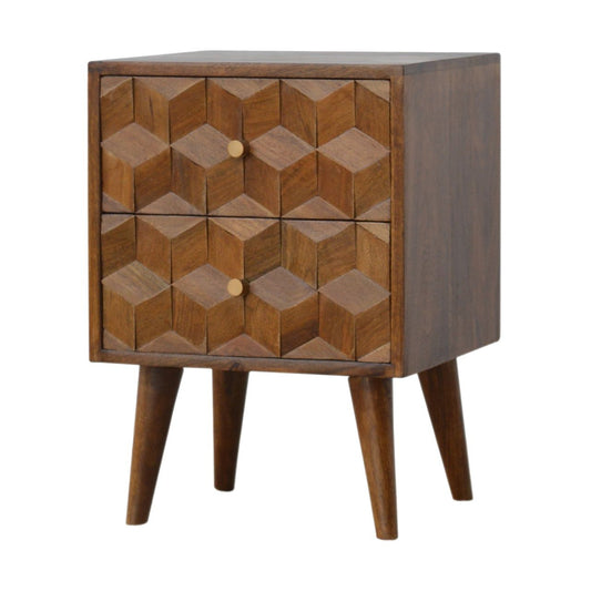 Cube Carved Bedside Table Nightstand - Chestnut