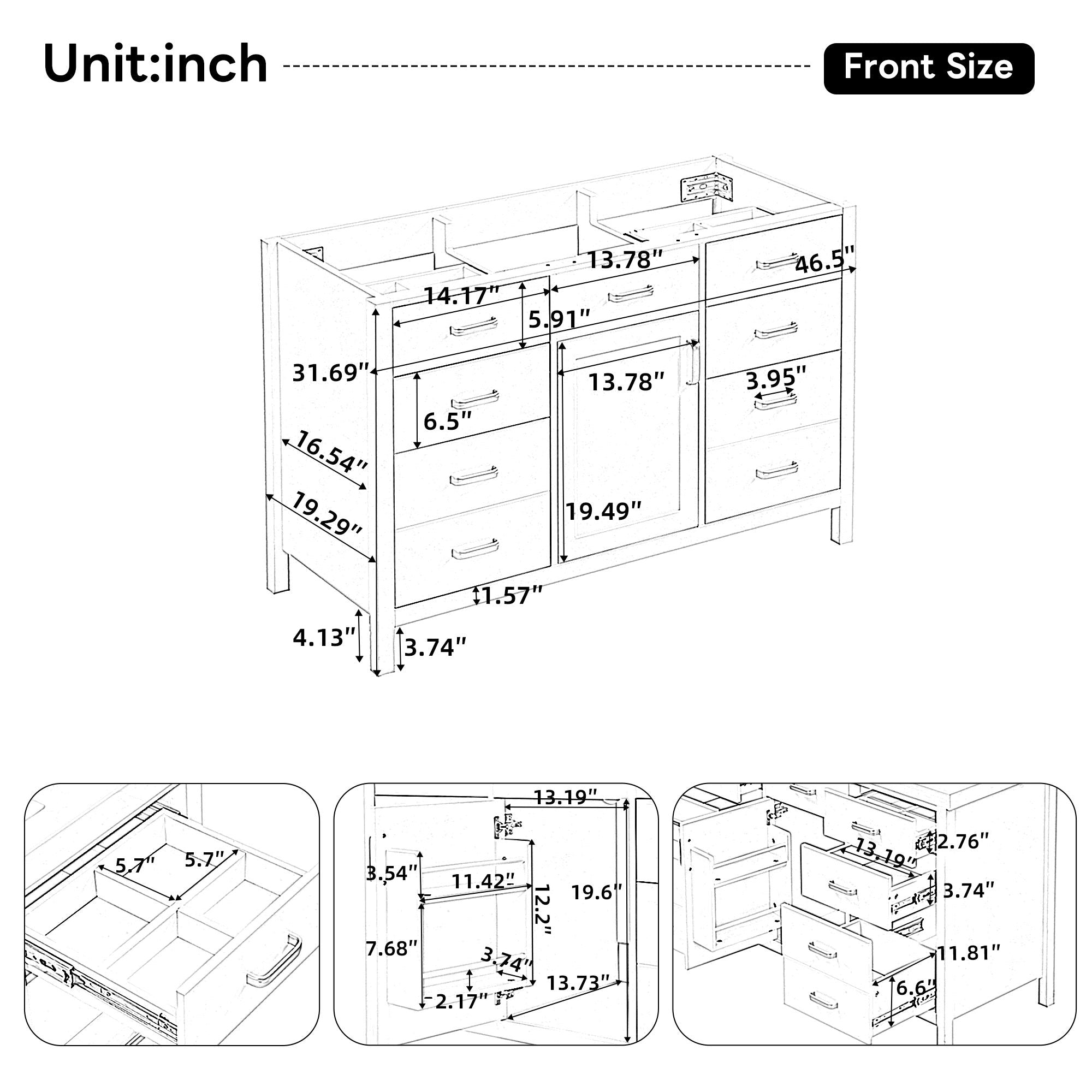 46.5" Modern Bathroom Vanity Cabinet Only, Soft Close Door & 6 Drawers - White
