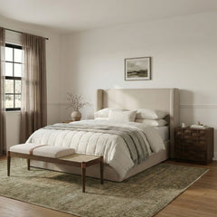 Nara - Linen Textured Fabric Upholstered Bench - Painted Brown Walnut