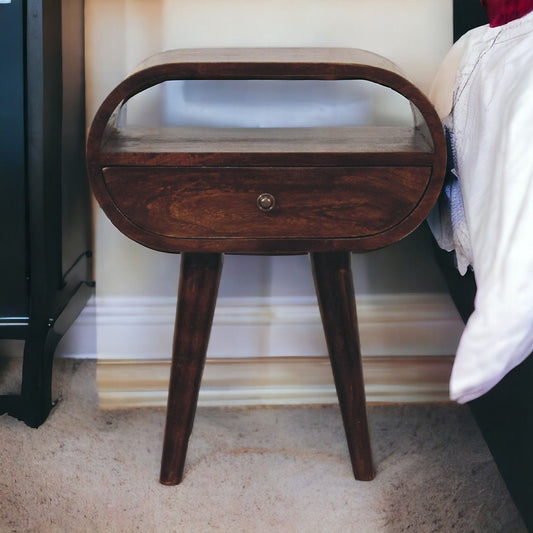 Wooden Circular Bedside Table With Open Slot - Walnut