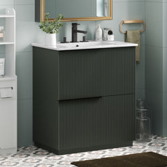 Fluted Bathroom Vanity With Ceramic Sink, Soft Close Slides