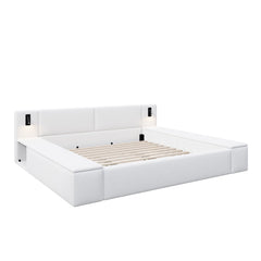 Upholstered Platform Bed Frame With Hidden Storage, Built-In Nightstands & LED Reading Lights